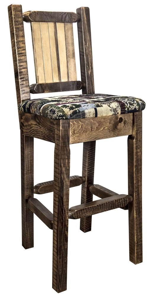 Montana Woodworks Homestead Collection Barstool With Upholstered Seat, Woodland Pattern, Laser Engraved Bear Design, Stained & L