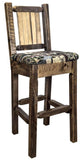 Montana Woodworks Homestead Collection Barstool With Upholstered Seat, Woodland Pattern, Laser Engraved Bear Design, Stained & L