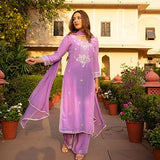Anni Designer Women'S Cotton Blend Straight Embroidered Kurta With Pant & Dupatta (Sisupal Purple_L_Purple_Large),Purple,L,Cotton Blend,Regular,