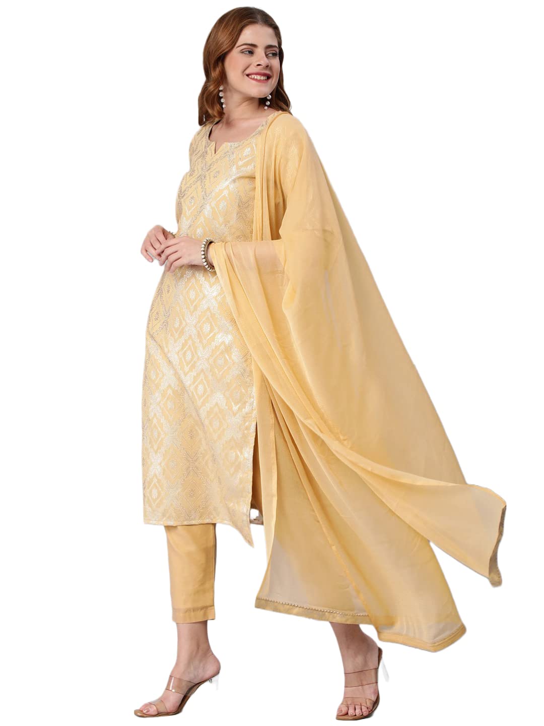 Gosriki Women'S Banarasi Woven Straight Embellished Printed Kurta With Pant & Dupatta (Kabzaa-Peach-Gs_Xxl_Peach_Xx-Large),Peach,2,B0BY34QX93