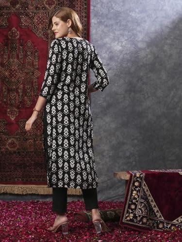 Anni Designer Women'S Cotton Blend Straight Printed Kurta With Pant (Ganmurti Black_Xl_Black_X-Large),Black,XL,Cotton Blend,Regular,
