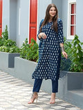 Anni Designer Women'S Cotton Blend Straight Printed Kurta With Pant & Dupatta (Thaka Blue_Xl_Blue_X-Large),Blue,XL,Cotton Blend,Regular,Dupatta