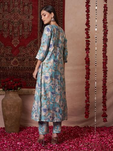 Anni Designer Women'S Rayon Blend Straight Printed Kurta With Pant (Bhaskar Sky Blue_L_Sky Blue_Large),Sky Blue,L,Rayon Blend,Classic,