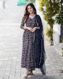 Anni Designer Women'S Rayon Blend Anarkali Printed Kurta With Pant & Dupatta (Tugunta Blue_L_Blue_Large),Blue,L,Rayon Blend,Anarkali,