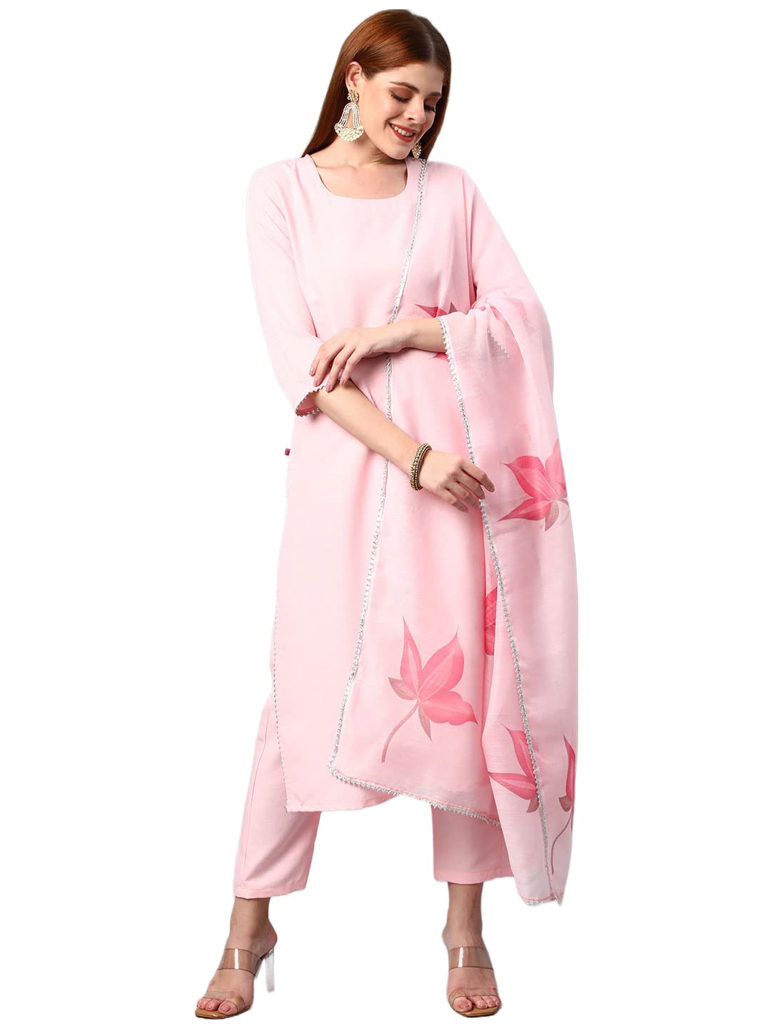 Anni Designer Women'S Cotton Blend Traditional Plain Anarkali Kurta And Pant With Dupatta Set (Wipin Pink-Nw-001_3Xl_Baby Pink_Xxx-Large),Baby Pink,3XL
