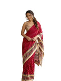 Femori Elegant Red Linen Saree With Floral Kalamkari Border And Buti Print, Soft Lightweight Ethnic Wear For Women