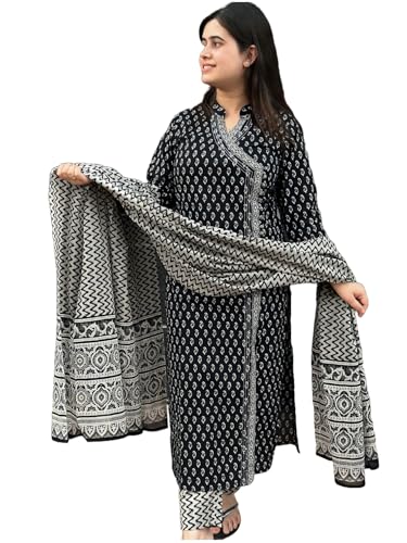 Anni Designer Women'S Rayon Blend Straight Printed Kurta With Pant & Dupatta (Mishru Black_M_Black_Medium),Black,M