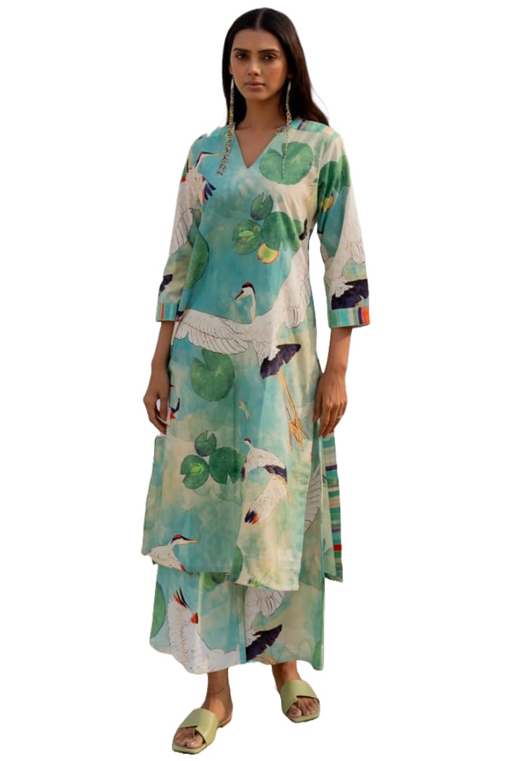 Anni Designer Women'S Cotton Blend Straight Printed Kurta With Palazzo (Swans See Green_Xl_See Green_X-Large),See Green,XL