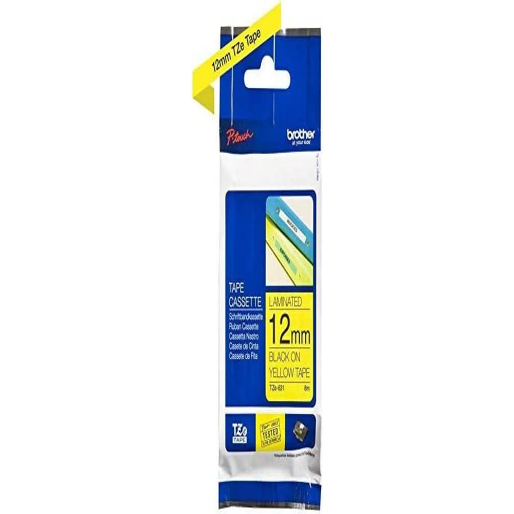 Reseller TZE631 P-Touch Standard Laminated Tape, 12 W x 262 L, Black on Yellow, 12 mm