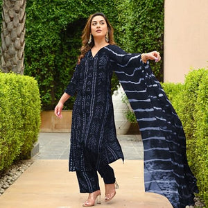 Gosriki Women'S Rayon Blend Straight Bandhej Printed Kurta With Pant & Dupatta (Baghira Grey-Vks01-Gs_Xxl_Grey_Xx-Large),Grey,2,B0DFY29P9R