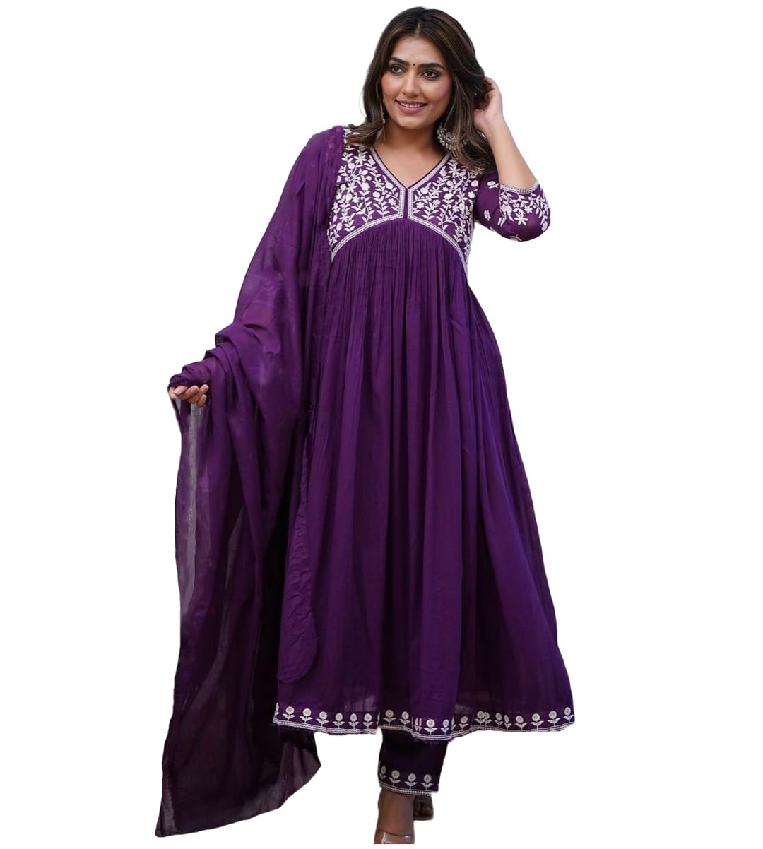 Anni Designer Women'S Rayon Blend Anarkali Embroidered Kurta With Pant & Dupatta (Kart Begani_Xxl_Begani_Xx-Large),Begani,2XL,,,