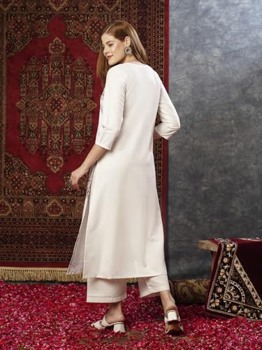 Anni Designer Women'S Cotton Blend Straight Printed Kurta With Pant (Nenisha Cream-Jl_S_Cream_Small),Cream,S,Cotton Blend,Regular,