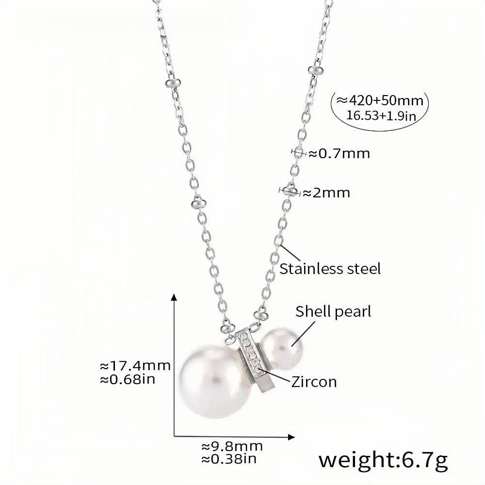 Silver Chain Necklace with Shell Pearls & Zircon Accents 16.5''+1.9'' Adjustable Stainless Steel Elegant Gift for Women