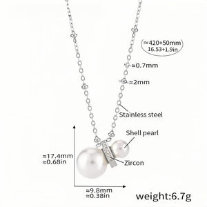 Silver Chain Necklace with Shell Pearls & Zircon Accents 16.5''+1.9'' Adjustable Stainless Steel Elegant Gift for Women