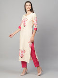 Anni Designer Women'S Cotton Blend Printed Straight Kurta With Pant (Tissa Cream-Stn_L_Cream_Large),Cream,L,Cotton Blend,Regular,Kurta