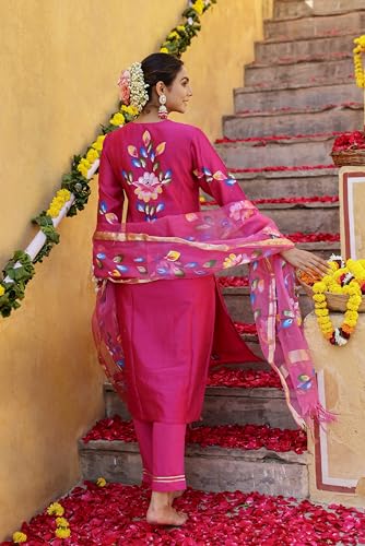 Anni Designer Women'S Rayon Blend Printed Straight Kurta With Pant & Dupatta (Sanskrit Rani_Xl_Pink_X-Large),Pink,XL,Cotton Blend,Regular,