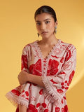 Lookmark Women'S Printed Cotton Blend Straight Kurta Pant Set With Lace - Comfortable Ethnic Wear For Women, Elegant Design, Suitable For Various Occasions (Az-Lm-Og-Ks2118 Red-S)