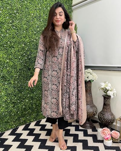 Anni Designer Women'S Rayon Blend Straight Printed Kurta With Pant & Dupatta (Vaarahi Black_S_Black_Small),Black,S,Rayon Blend,Regular,