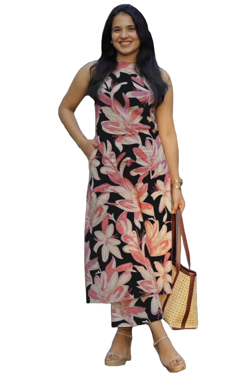 Anni Designer Women'S Rayon Viscose Straight Printed Kurta With Pant (Vcm Black_Xl_Black_X-Large),Black,XL