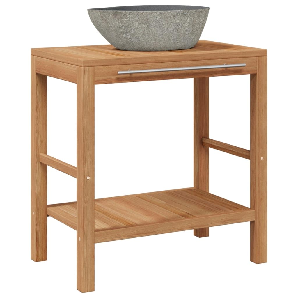 Vidaxl Solid Wood Teak Bathroom Vanity Cabinet With Riverstone Sink Home Indoor Decor Wooden Storage Vanity Unit Sink Cabinet Furniture