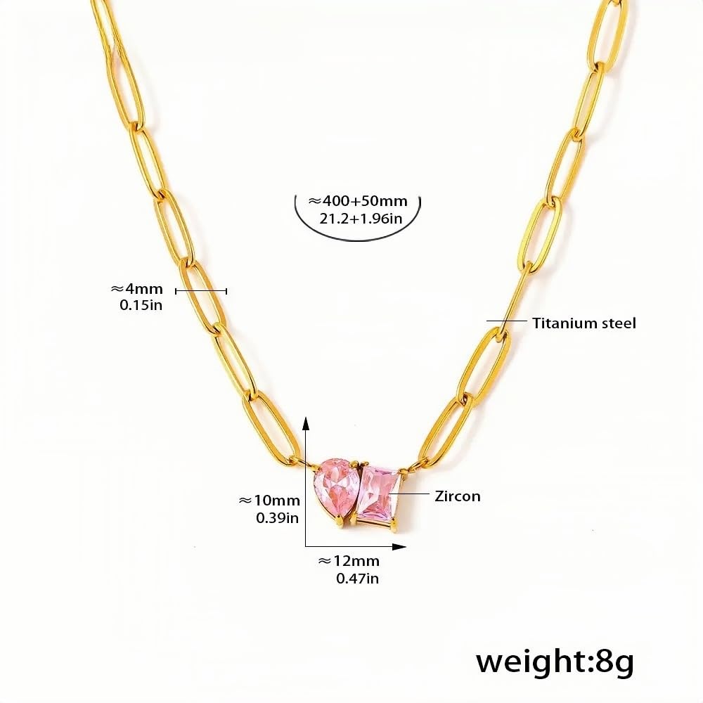 Gold Link Chain Pink Zircon Pendant Necklace for Women Heart & Square Charm 18K Gold Plated Titanium Steel Adjustable 21.2 +