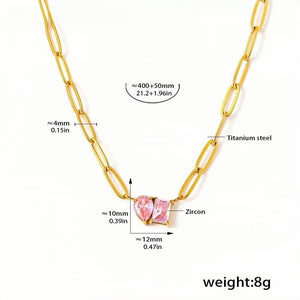 Gold Link Chain Pink Zircon Pendant Necklace for Women Heart & Square Charm 18K Gold Plated Titanium Steel Adjustable 21.2 +