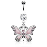 Pierced Owl 14GA Stainless Steel CZ Crystal Butterfly Dangling Belly Button Ring (Pink)