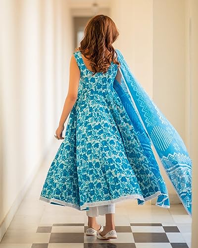 Anni Designer Women'S Cotton Blend Anarkali Printed Kurta With Pant & Dupatta (Kalishta Sky Blue_L_Sky Blue_Large),Sky Blue,L,Cotton Blend,Anarkali,Dupatta