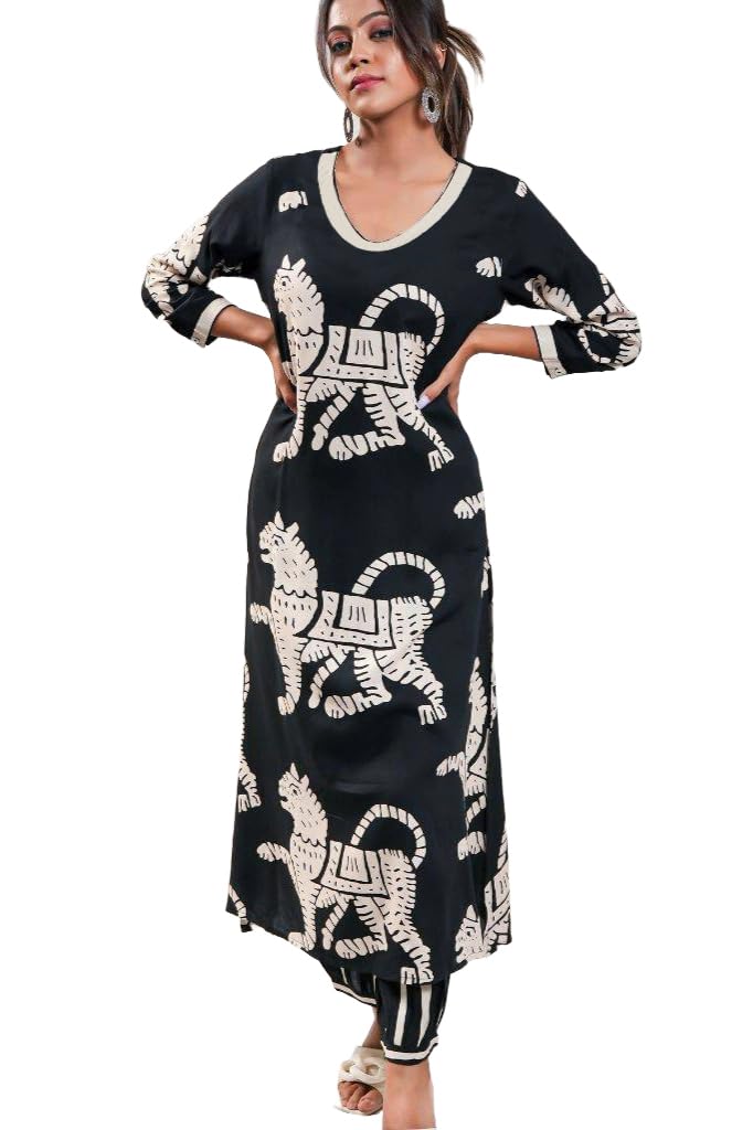 Anni Designer Women'S Cotton Blend Straight Printed Kurta With Pant (Lanka-Black-Ns_Xxl_Black_Xx-Large),Black,2XL