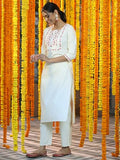 Libas Womens Yoke Design Cotton Blend Straight Kurta With Trousers And Dupatta Off White Xs