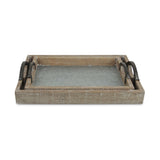 Monoe Set Of 2 Wood Frame Tray With Galvanized Base And Cast Iron Handles