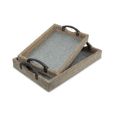 Monoe Set Of 2 Wood Frame Tray With Galvanized Base And Cast Iron Handles