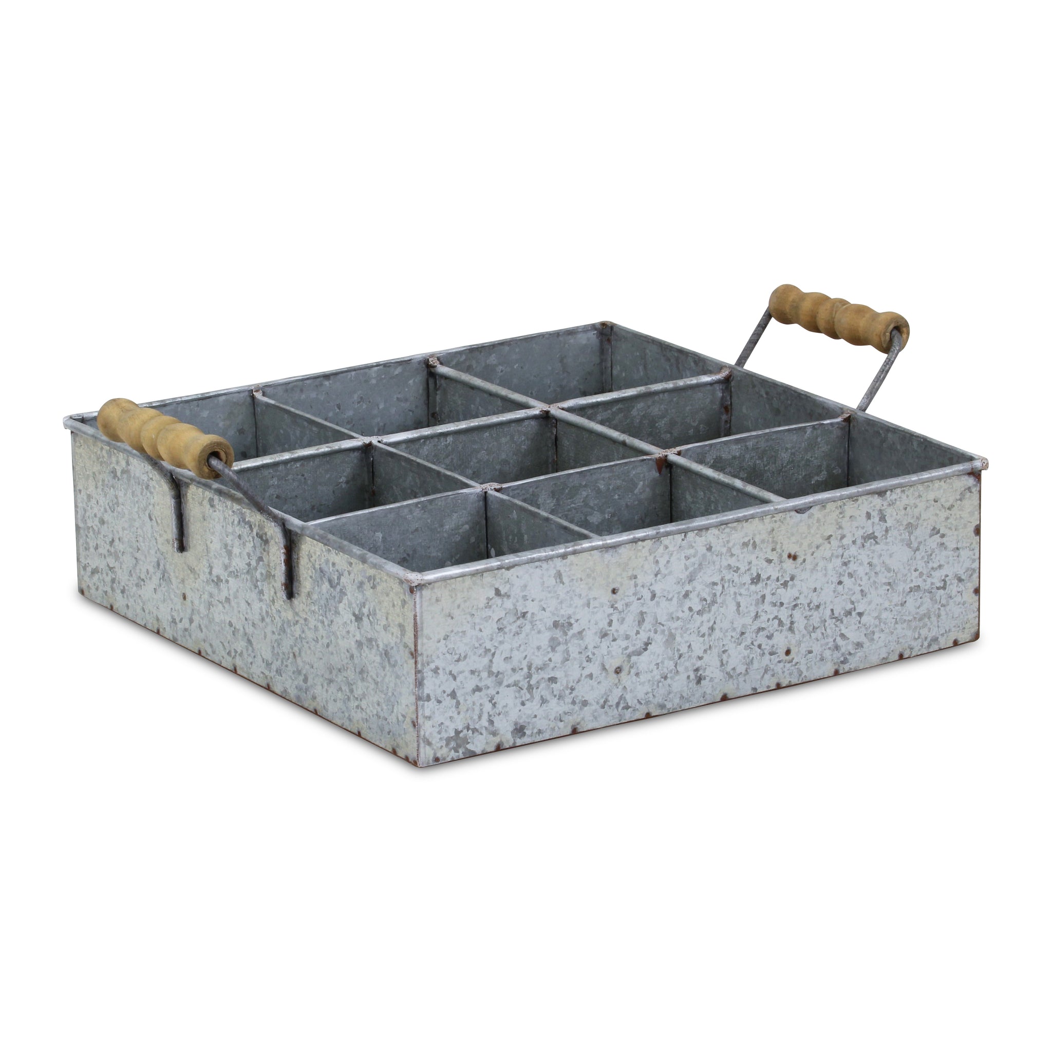 Maxin 6 Compartment Galvanized Metal Caddy With Wood Grip Handles