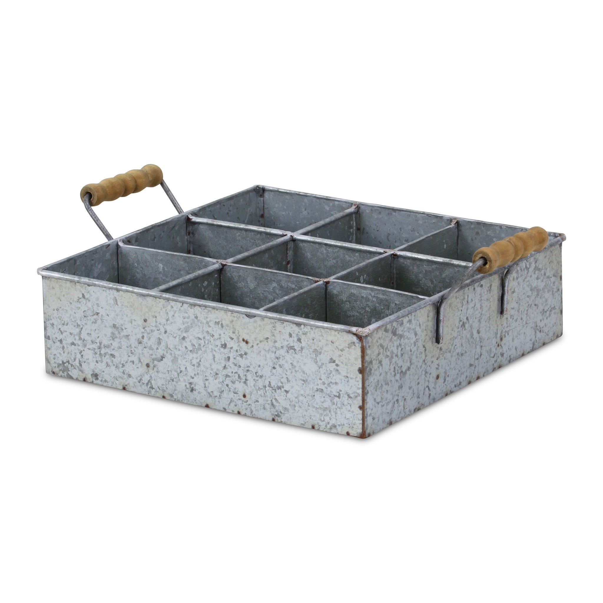 Maxin 6 Compartment Galvanized Metal Caddy With Wood Grip Handles