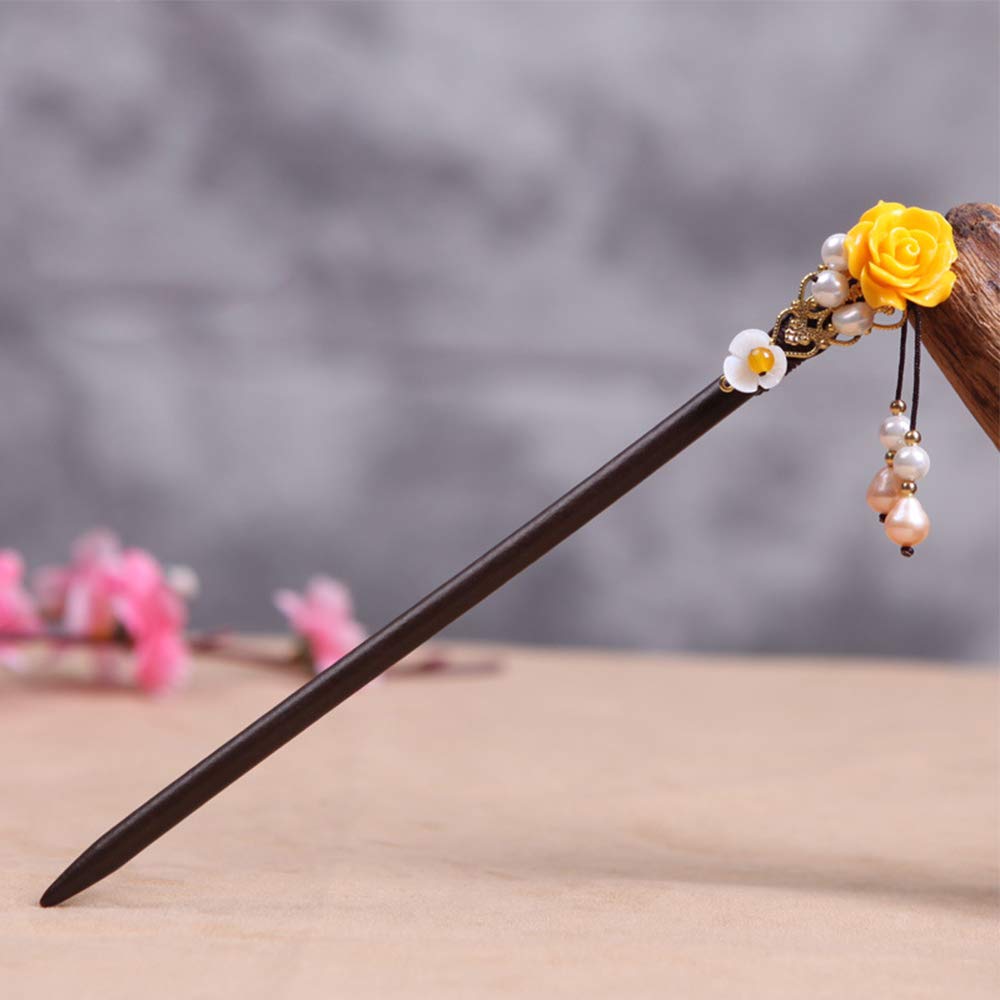 TOP SEWING Wooden Hair Pins 7 Chinese Yellow Flower Hair Sticks For Long Hair 1 Pack Buns Accessories for Girl