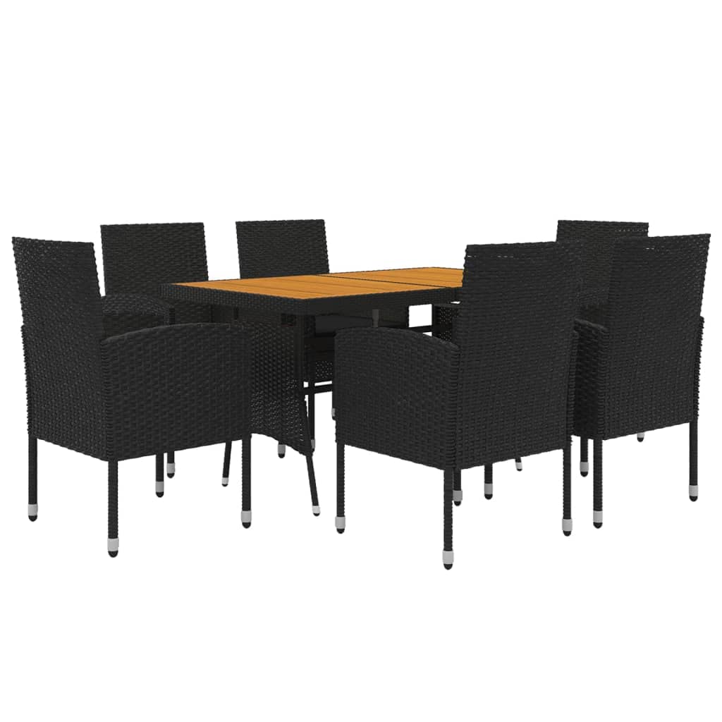 Vidaxl Black Poly Rattan 7 Piece Patio Dining Set With Comfortable Cushioned Chairs And Solid Acacia Wood Table – Outdoor Furniture