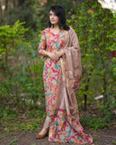 Anni Designer Women'S Cotton Blend Straight Printed Kurta With Pant & Dupatta (Candy Beige_Xl_Beige_X-Large),Beige,XL,Rayon Blend,Regular,