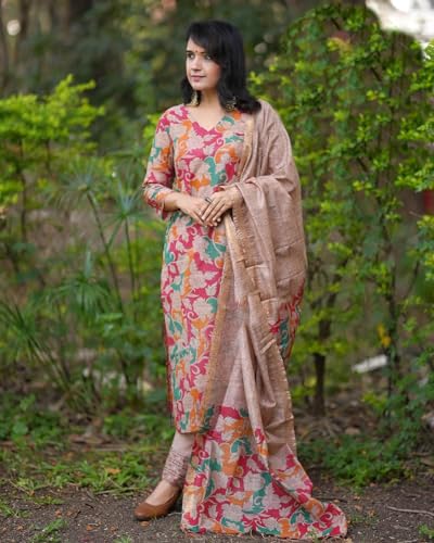 Anni Designer Women'S Cotton Blend Straight Printed Kurta With Pant & Dupatta (Candy Beige-Jl_4Xl_Beige_Xxxx-Large),Beige,4XL,Cotton Blend,Regular,