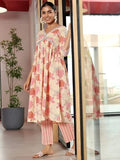 Libas Womens Printed Cotton A-Line Kurta With Trousers Off White M 27901