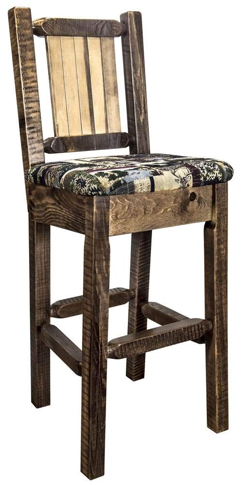 Montana Woodworks Homestead Collection Barstool With Upholstered Seat, Woodland Pattern, Laser Engraved Moose Design, Stained &