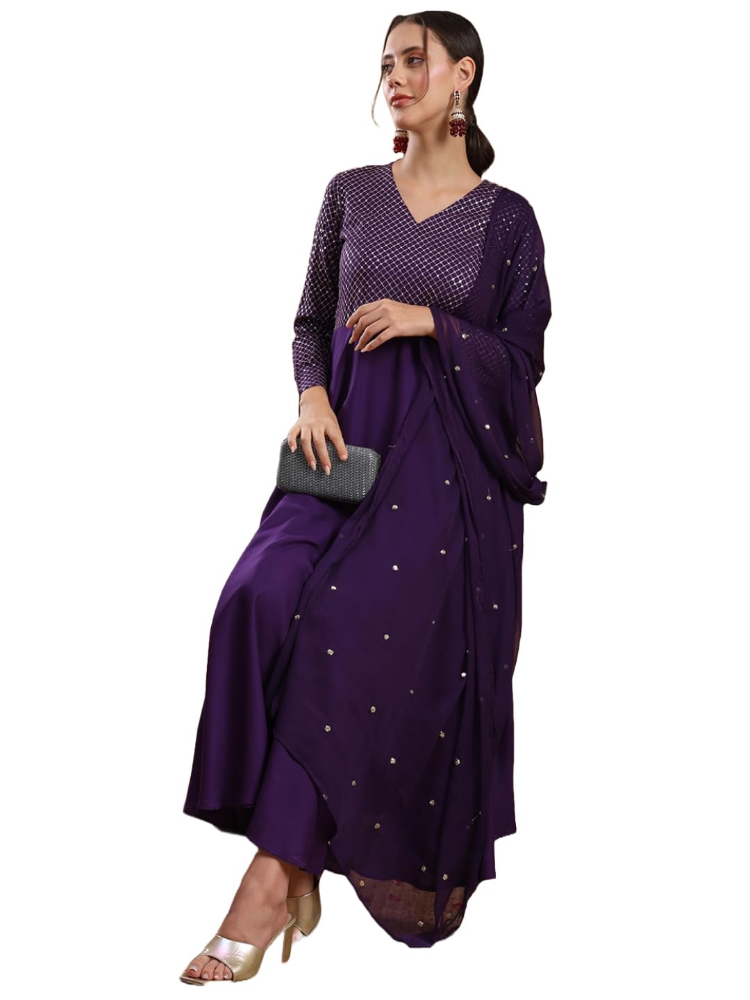 Gosriki Women'S Viscose Rayon Mukaish Work Anarkali Kurta With Pant & Dupatta (Park Violet-Nw-Gs_Xl_Violet_X-Large),Violet,,B0D1MG91TW