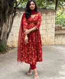 Anni Designer Women'S Rayon Blend Anarkali Printed Kurta With Pant & Dupatta (Roni Red_L_Red_Large),Red,L,Rayon Blend,Anarkali,