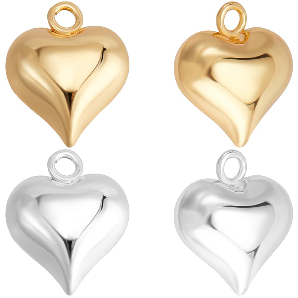 Beebeecraft 1 Box 10Pcs Heart Charms 18K Gold & 925 Sterling Silver Plated 3D Heart Dangle Pendant Charms for Mothers Day Valen