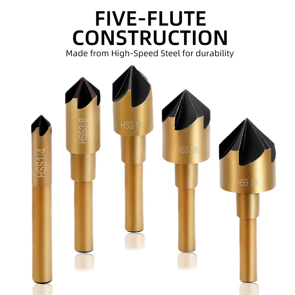 Aleric Countersink Drill Bit Set,High Speed Steel Counter Sinker Drill Bit 5Pcs 5 Flute 6mm Hex Shank with 82 Degree Mill Cutter