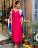 Anni Designer Women'S Cotton Blend Straight Solid Kurta With Pant & Dupatta (Kisori Pink_Xl_Pink_X-Large),Pink,XL,Cotton Blend,Straight,Dupatta