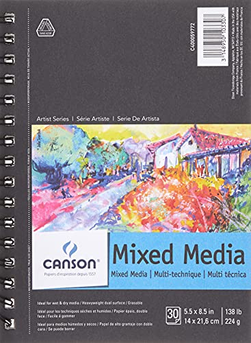 Canson Artist Series Mix Media Paper Pad For Wet Or Dry Media, Dual Surface- Fine Or Medium, Side Wire Bound, 138 Pound, 5.5 X 8