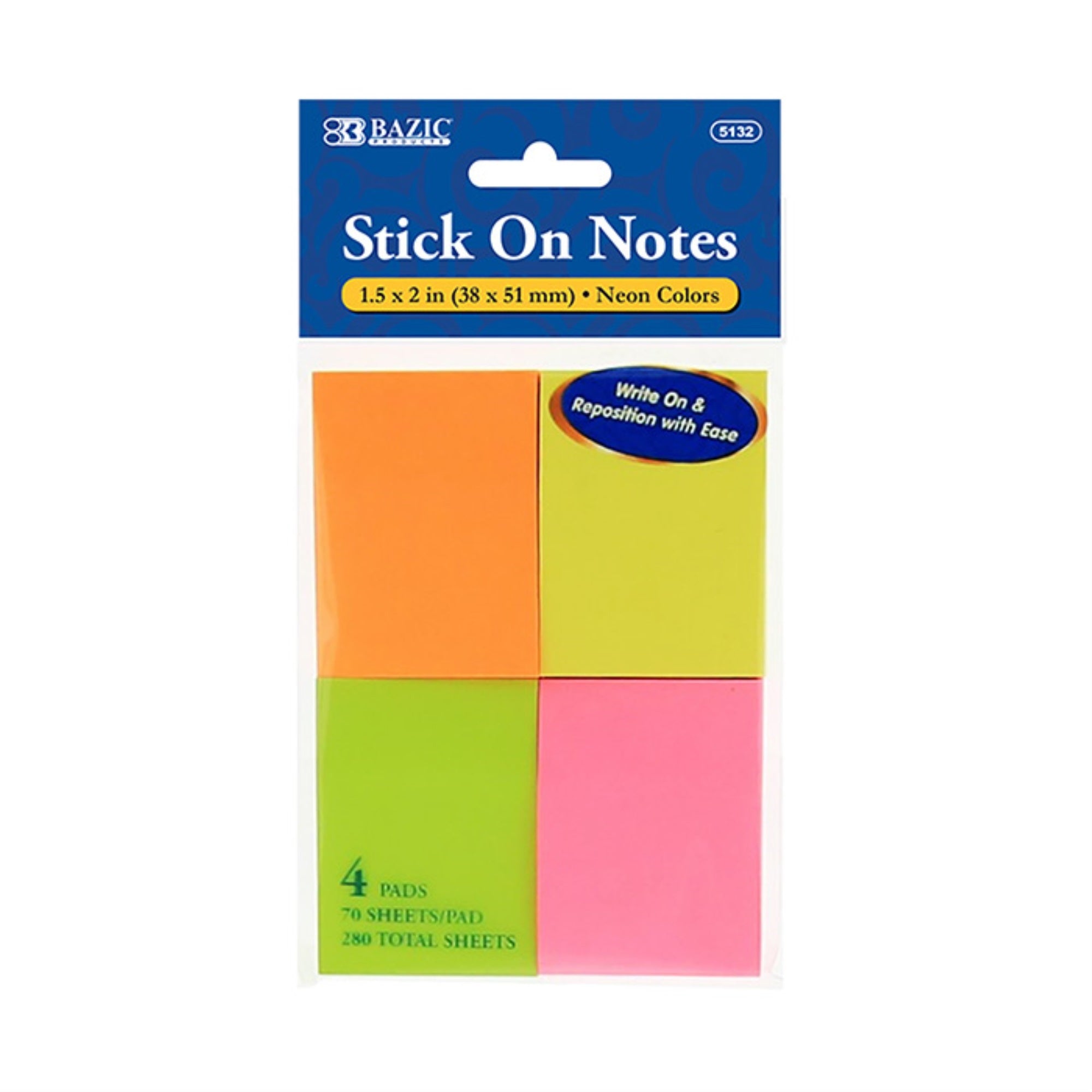 Bazic 70 Ct. 1.5 X 2 Neon Stick On Notes (4/Pack) / Box Qty - 24