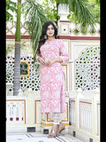 Anni Designer Women'S Cotton Blend Traditional Straight Printed Kurta With Pant Set (Para Pink_L_Pink_Large),Pink,L,Cotton Blend,Regular,Pants