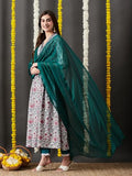 Anni Designer Women'S Cotton Blend Anarkali Printed Kurta With Pant & Dupatta (Toki White_L_White_Large),White,L,Cotton Blend,TOKI WHITE_013,