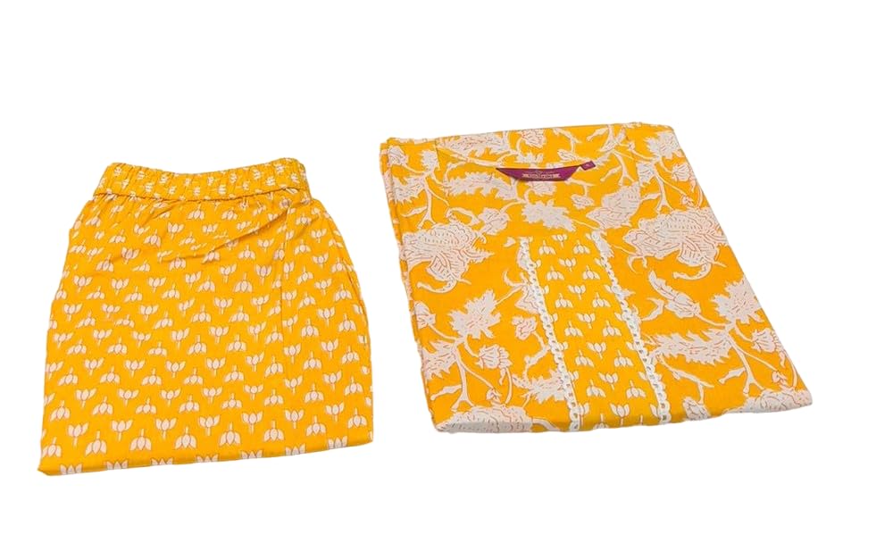 Anni Designer Women'S Cotton Blend Printed Straight Kurta With Pant (Teri Yellow-Jsw_Xxl_Yellow_Xx-Large),Yellow,2XL
